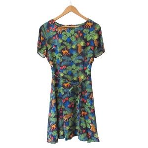Sugarhill Brighton Jungle Print Dress 10 Short Sleeves Belted Tropical Safari